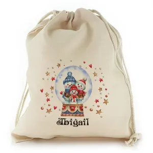 Personalised Canvas Sack with Christmas Text and Snowman Family Snow Globe
