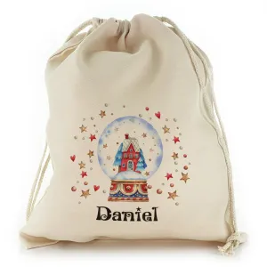 Personalised Canvas Sack with Christmas Text and Snowy Christmas House Snow Globe