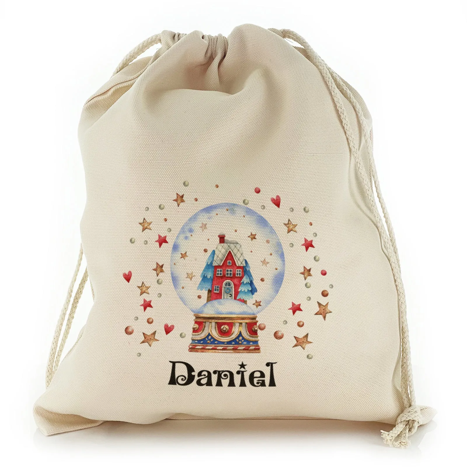 Personalised Canvas Sack with Christmas Text and Snowy Christmas House Snow Globe