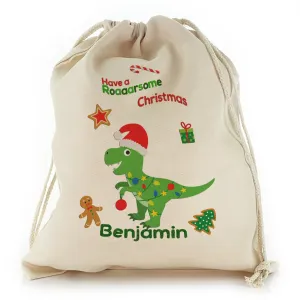 Personalised Canvas Sack with Dino Text and Christmas Lights on Green Dinosaur