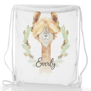 Personalised Glitter Drawstring Backpack with Brown Alpaca Acorn Wreath and Cute Text