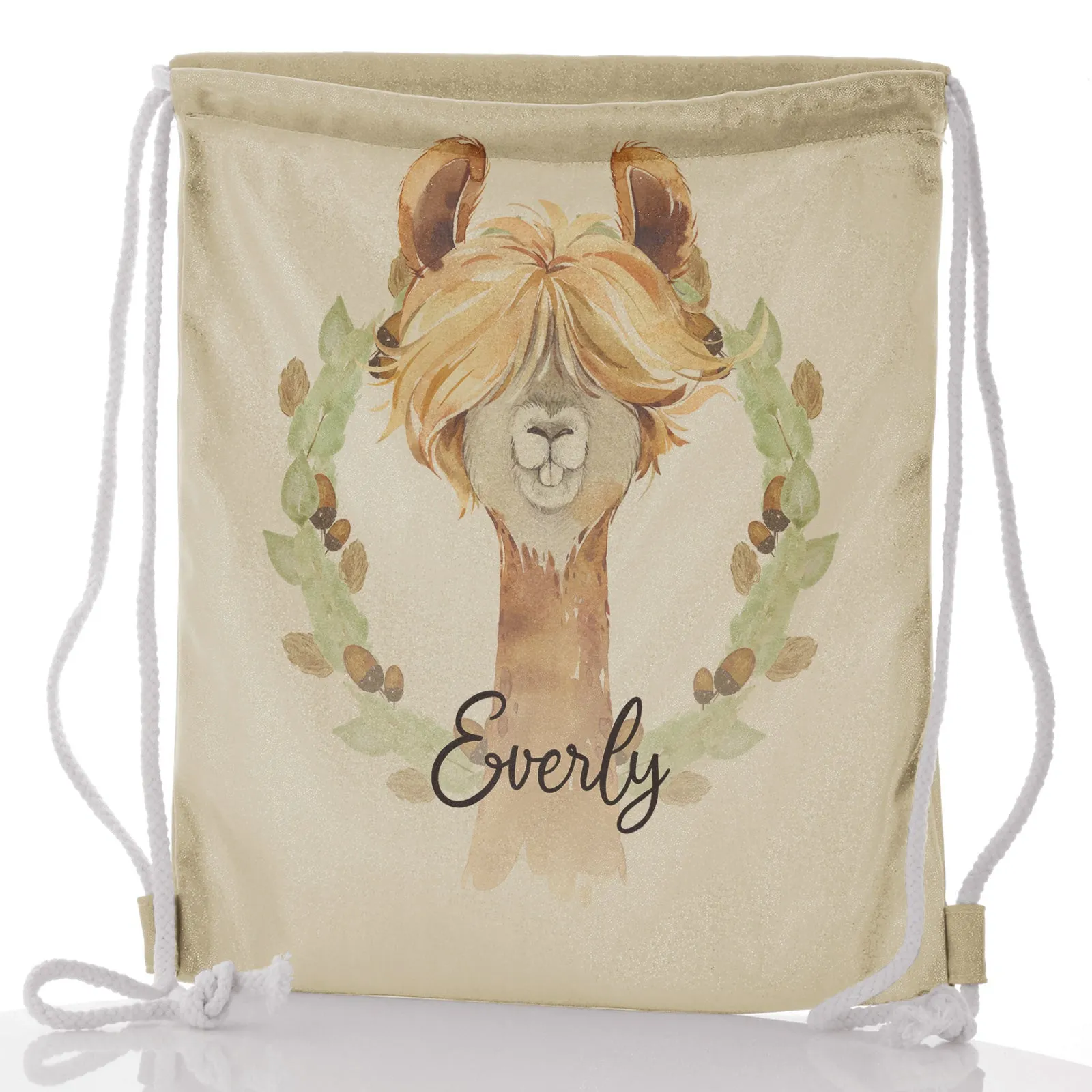 Personalised Glitter Drawstring Backpack with Brown Alpaca Acorn Wreath and Cute Text