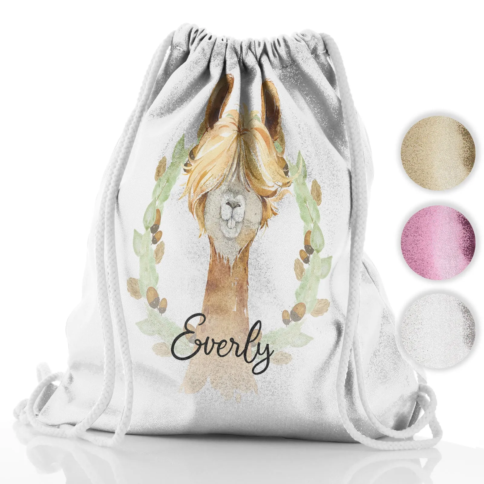 Personalised Glitter Drawstring Backpack with Brown Alpaca Acorn Wreath and Cute Text