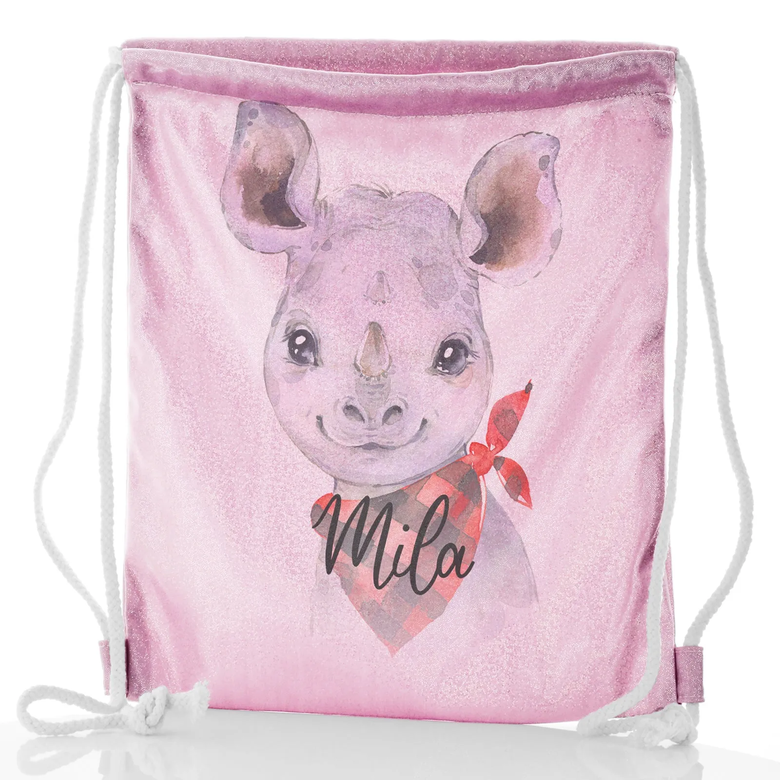 Personalised Glitter Drawstring Backpack with Rhino Red and Black Check Neck and Cute Text