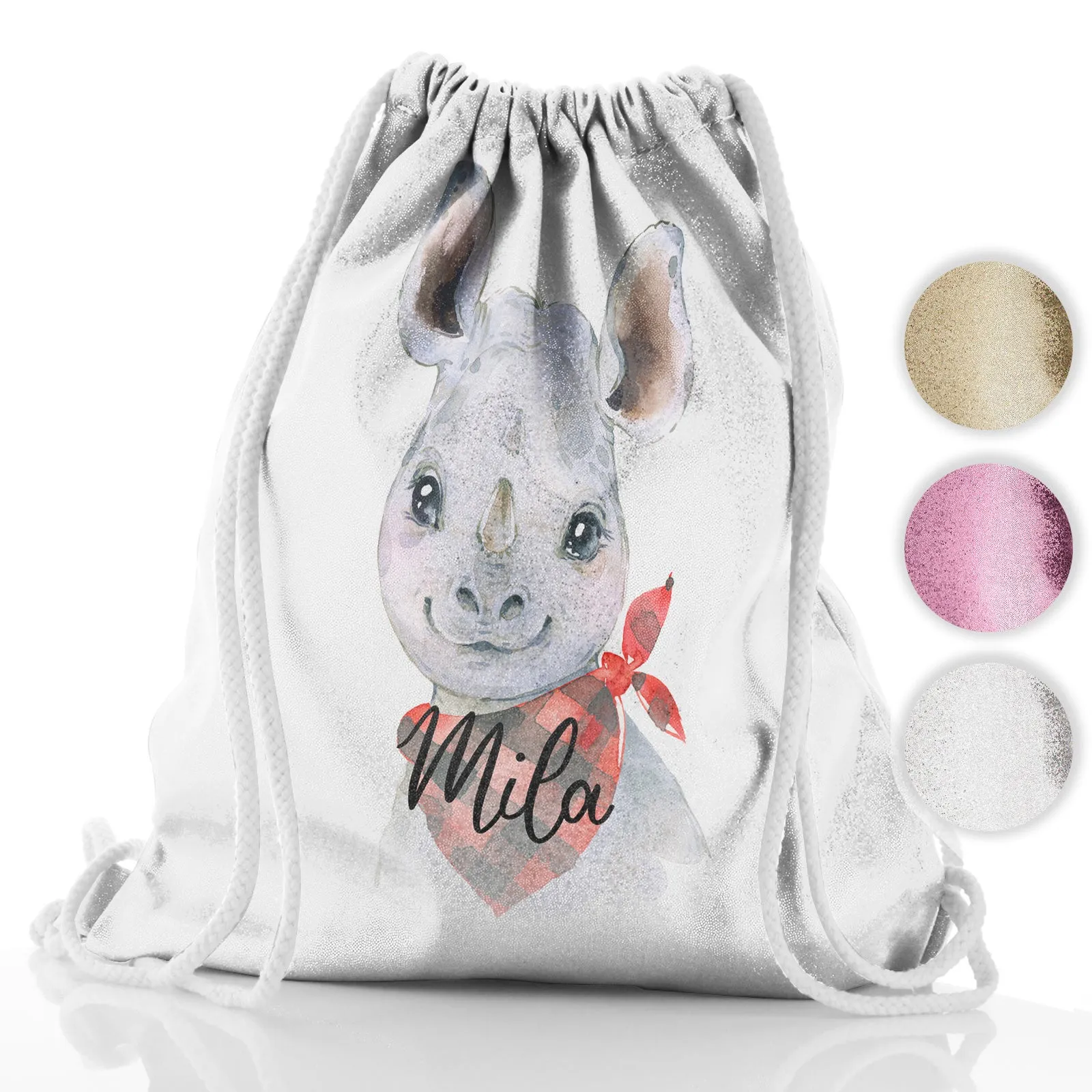Personalised Glitter Drawstring Backpack with Rhino Red and Black Check Neck and Cute Text