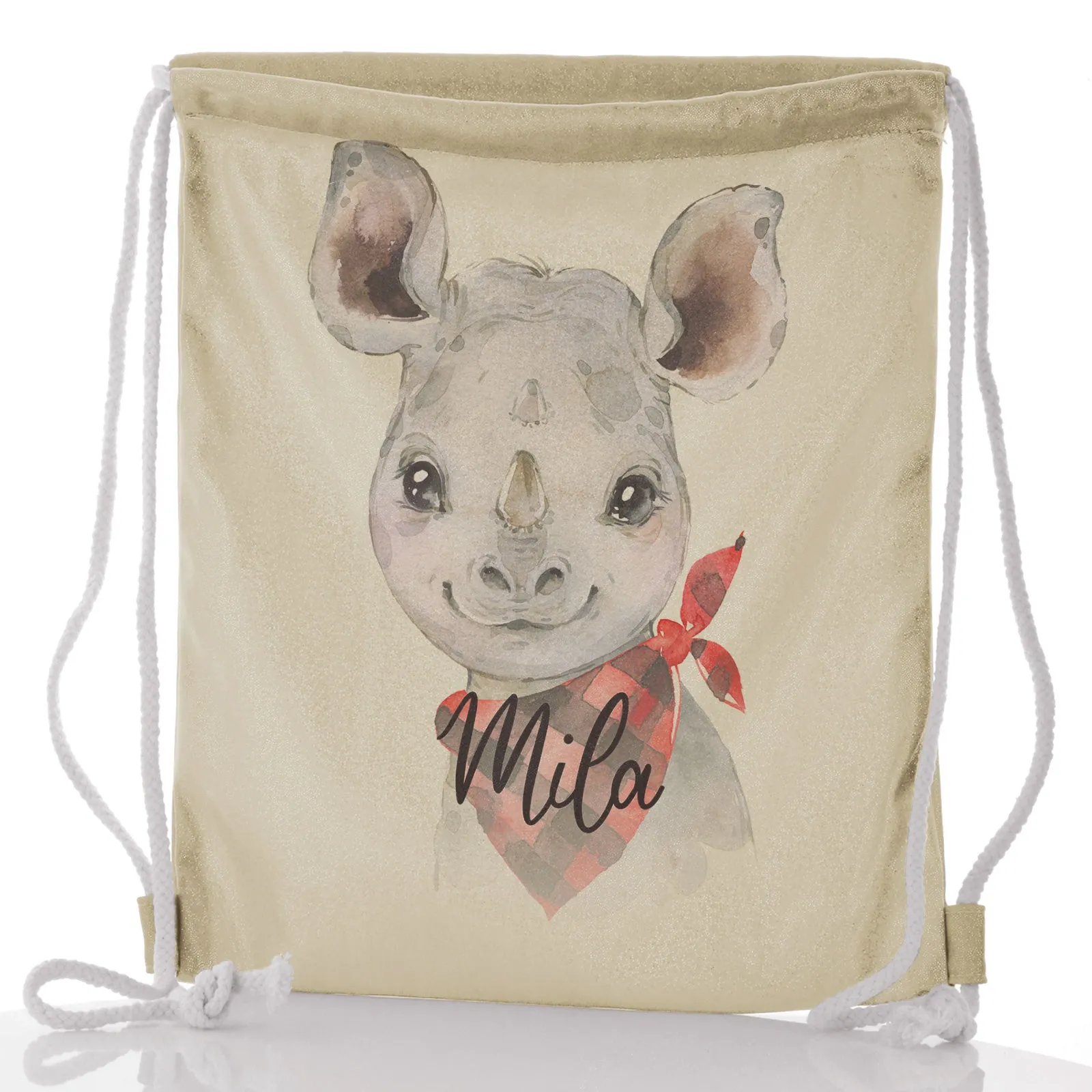 Personalised Glitter Drawstring Backpack with Rhino Red and Black Check Neck and Cute Text