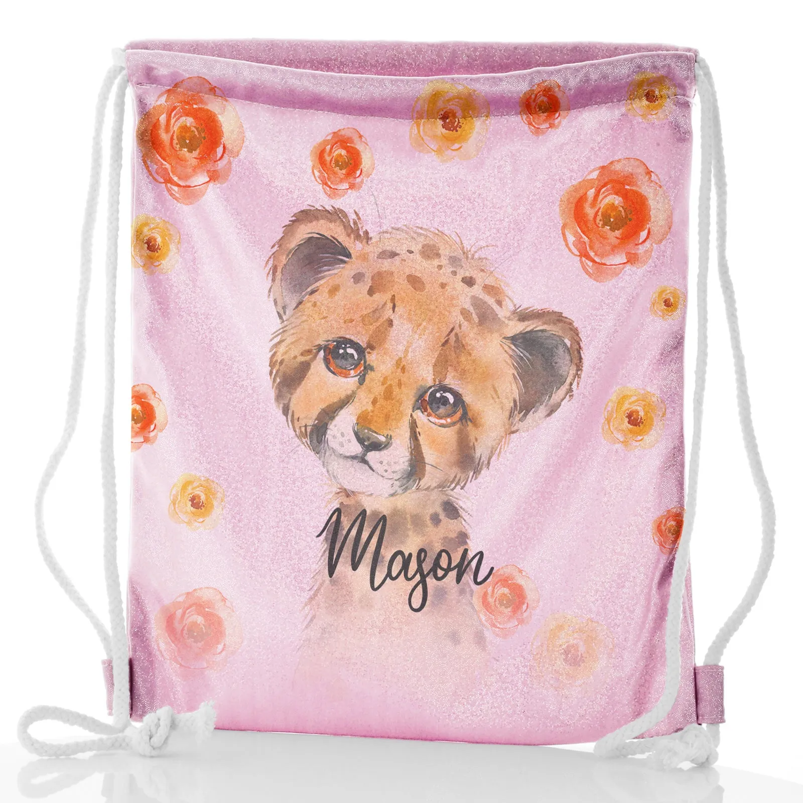 Personalised Glitter Drawstring Backpack with Spotty Leopard Cat Red and Yellow Flowers and Cute Text