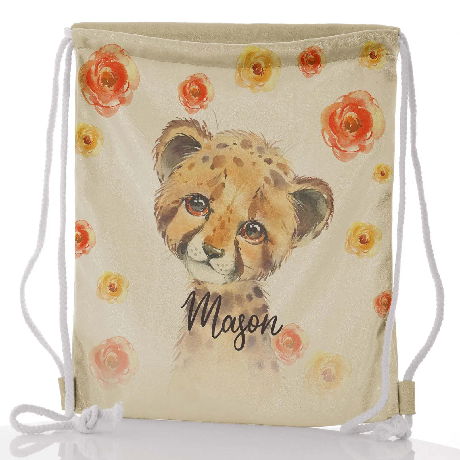 Personalised Glitter Drawstring Backpack with Spotty Leopard Cat Red and Yellow Flowers and Cute Text