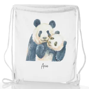 Personalised Glitter Drawstring Backpack with Welcoming Text and Embracing Mum and Baby Pandas