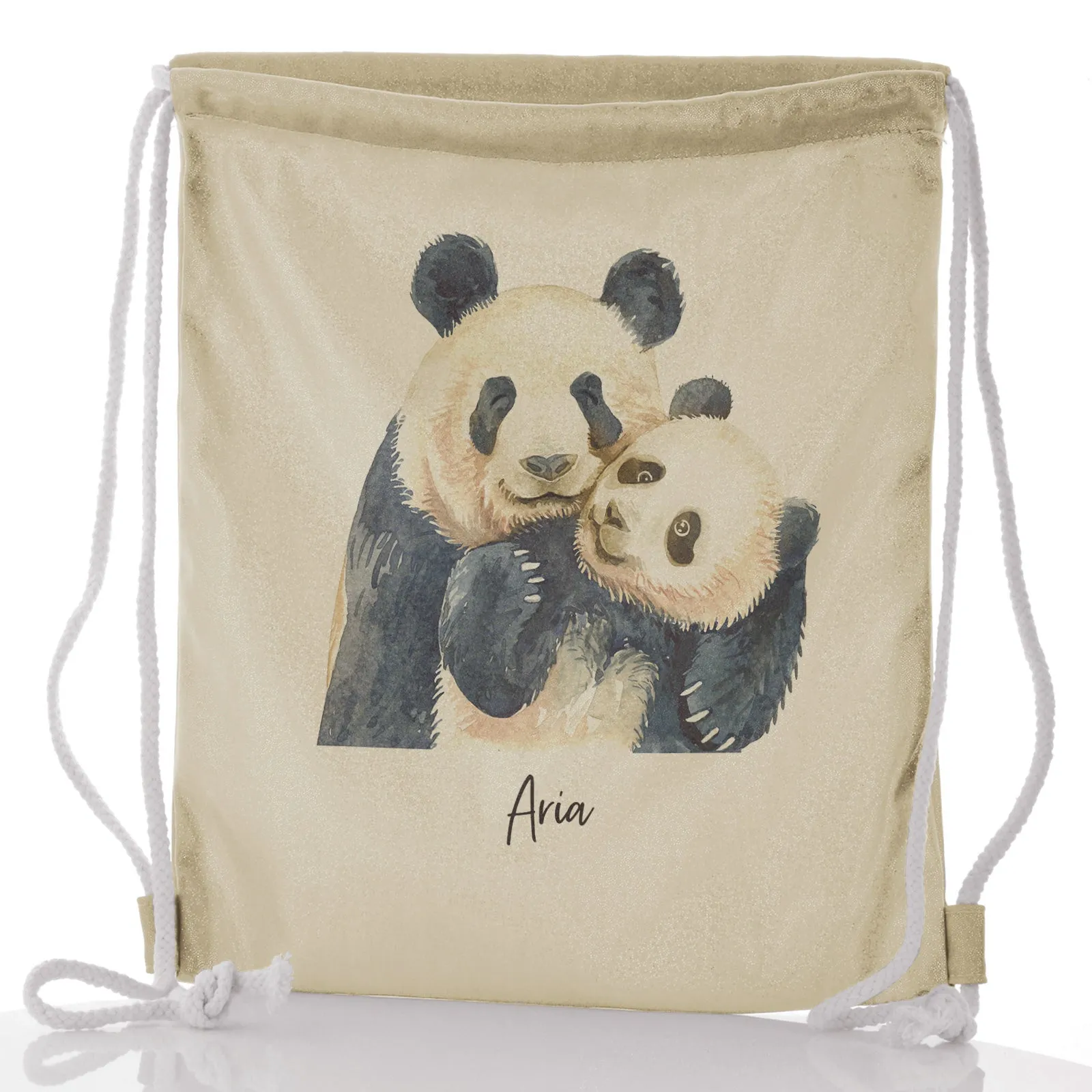 Personalised Glitter Drawstring Backpack with Welcoming Text and Embracing Mum and Baby Pandas