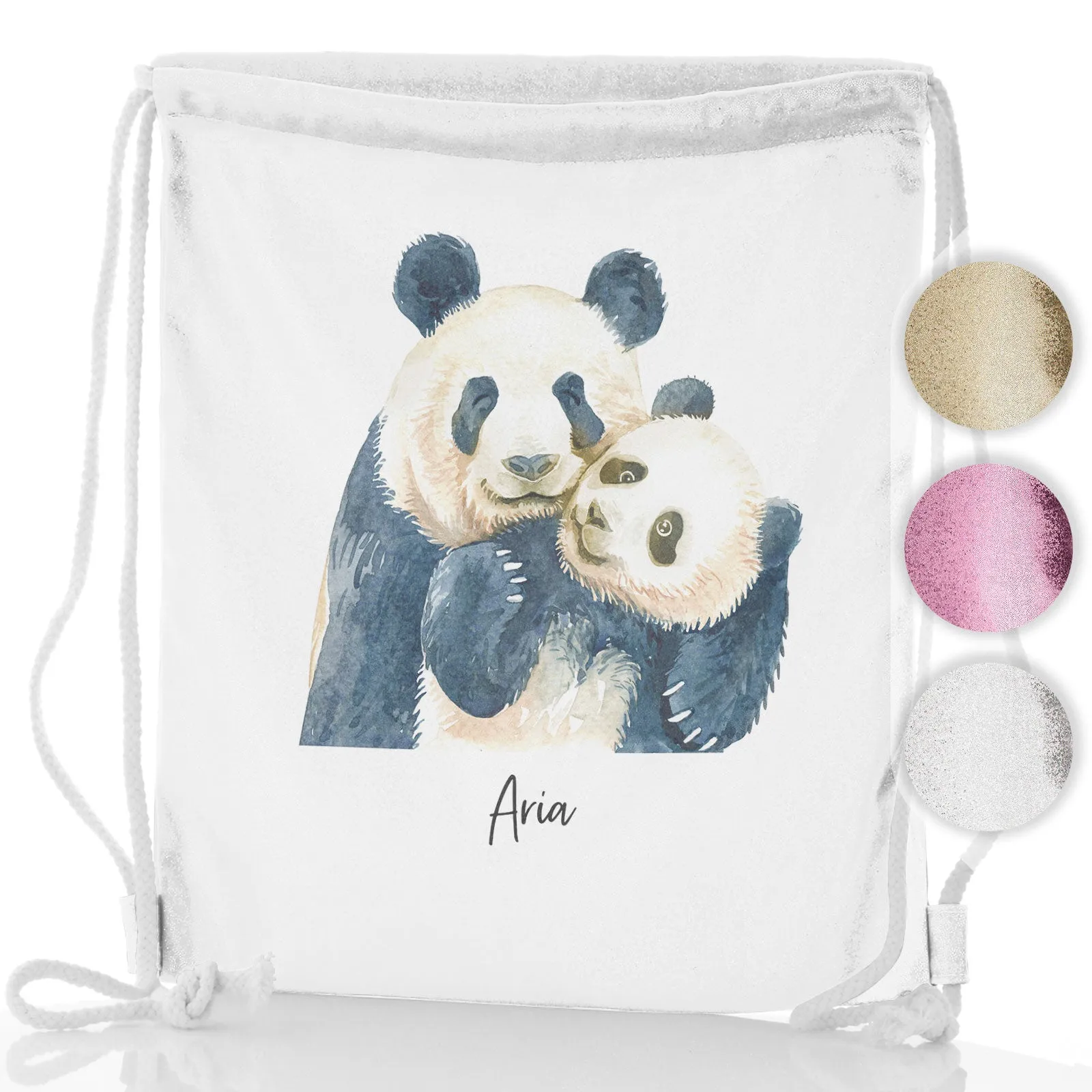 Personalised Glitter Drawstring Backpack with Welcoming Text and Embracing Mum and Baby Pandas