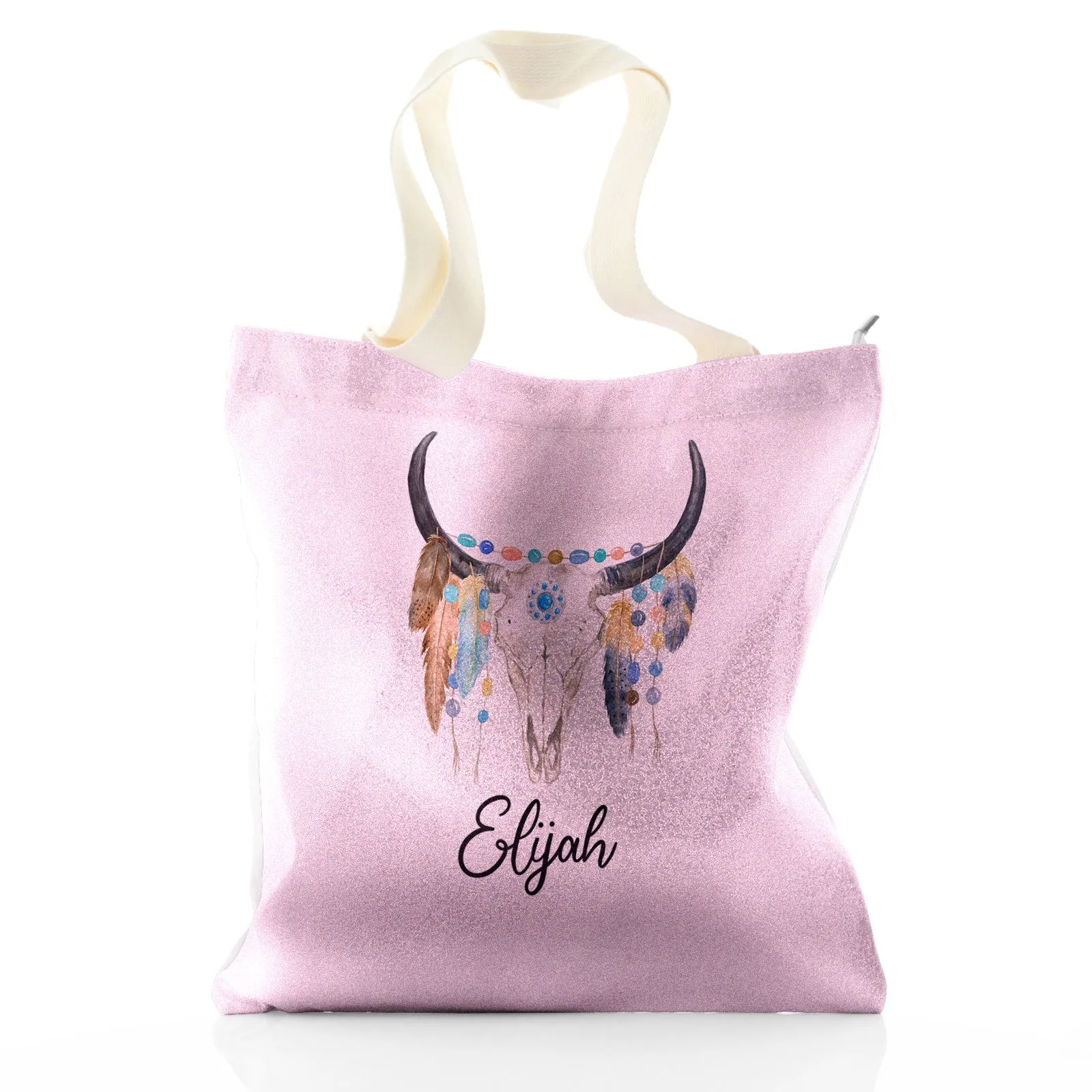 Personalised Glitter Tote Bag with Cow Skull Feathers and Cute Text
