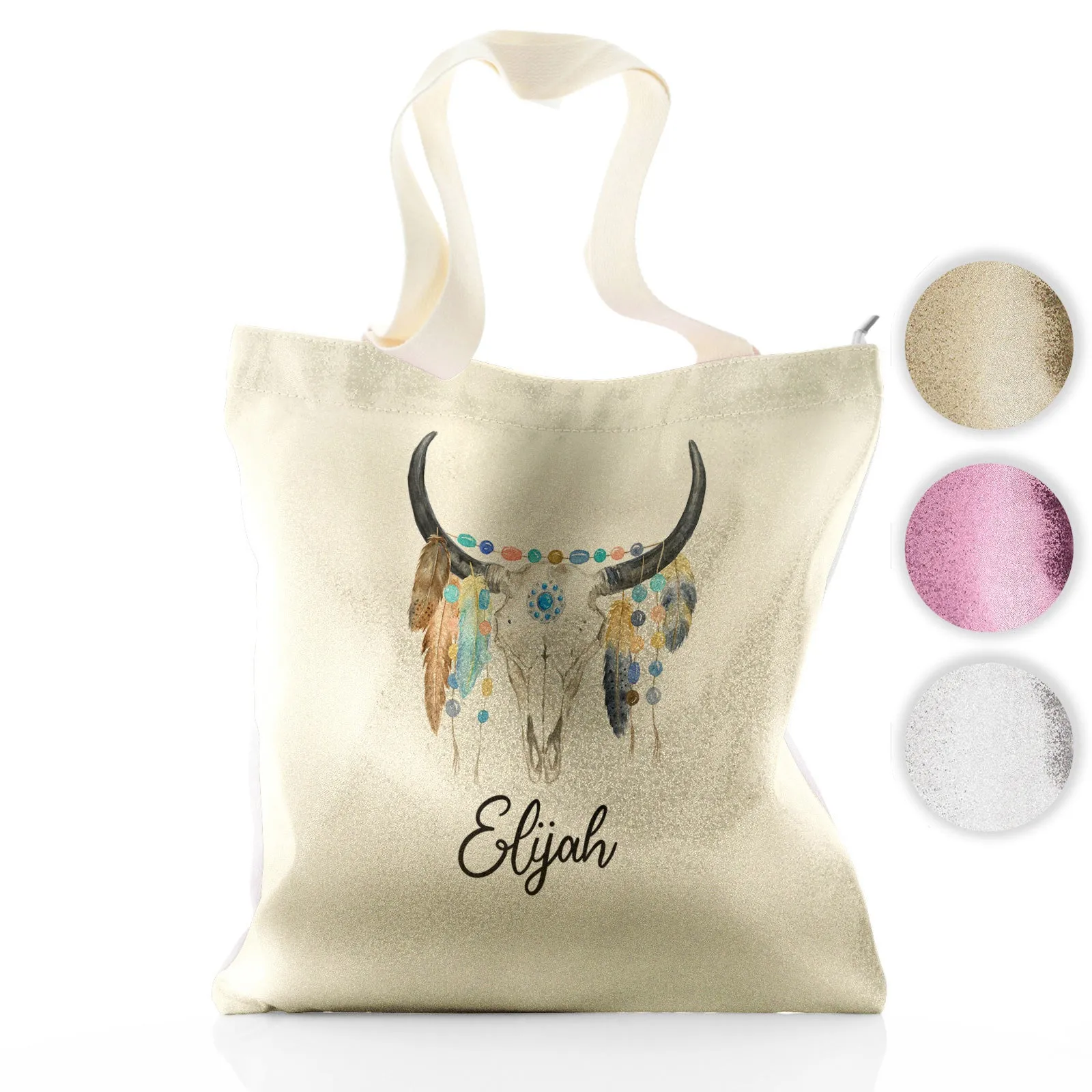 Personalised Glitter Tote Bag with Cow Skull Feathers and Cute Text