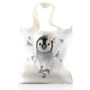 Personalised Glitter Tote Bag with Grey Penguin Blue Butterflies and Cute Text