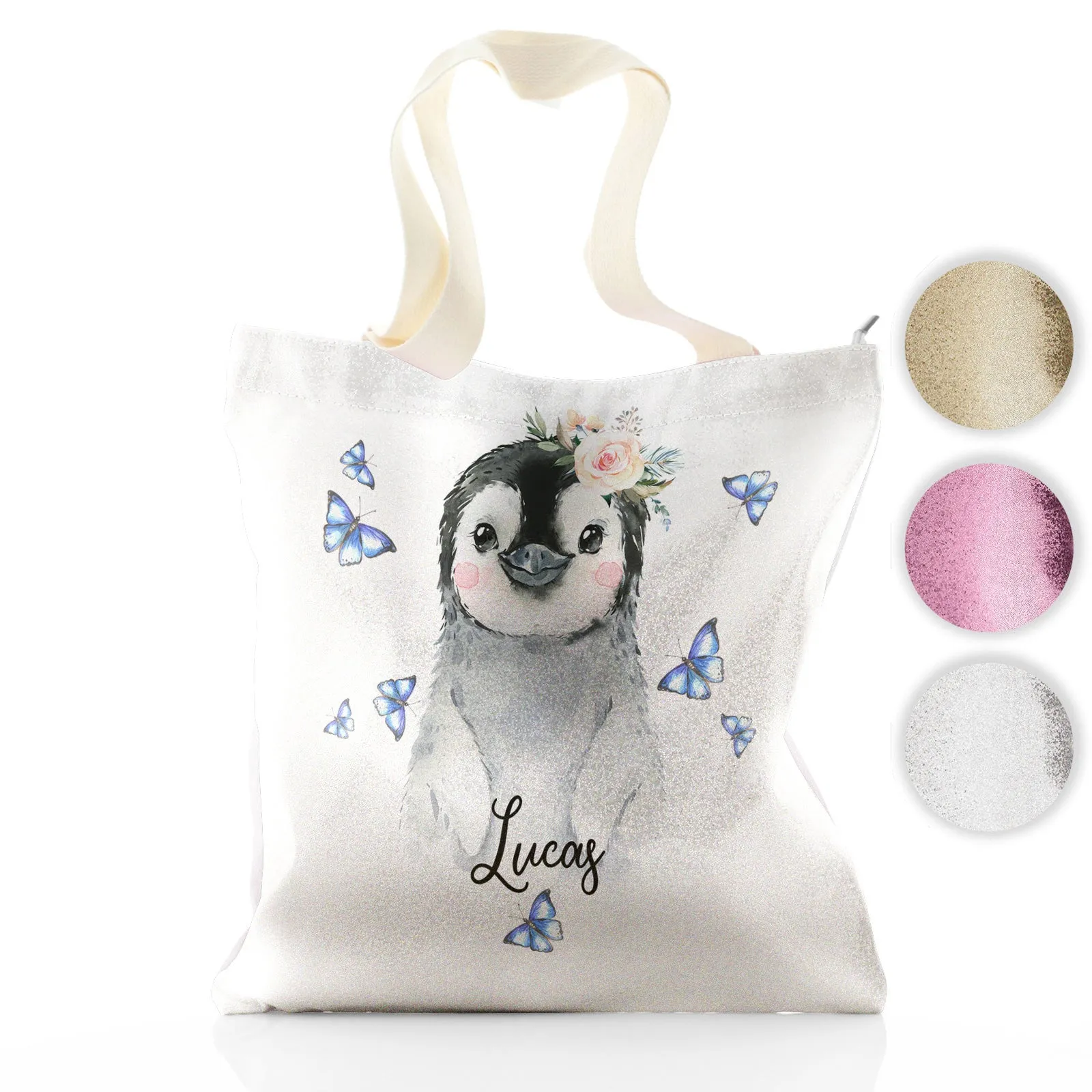 Personalised Glitter Tote Bag with Grey Penguin Blue Butterflies and Cute Text