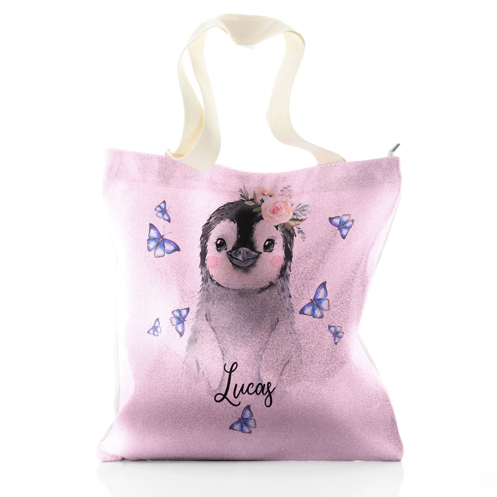 Personalised Glitter Tote Bag with Grey Penguin Blue Butterflies and Cute Text