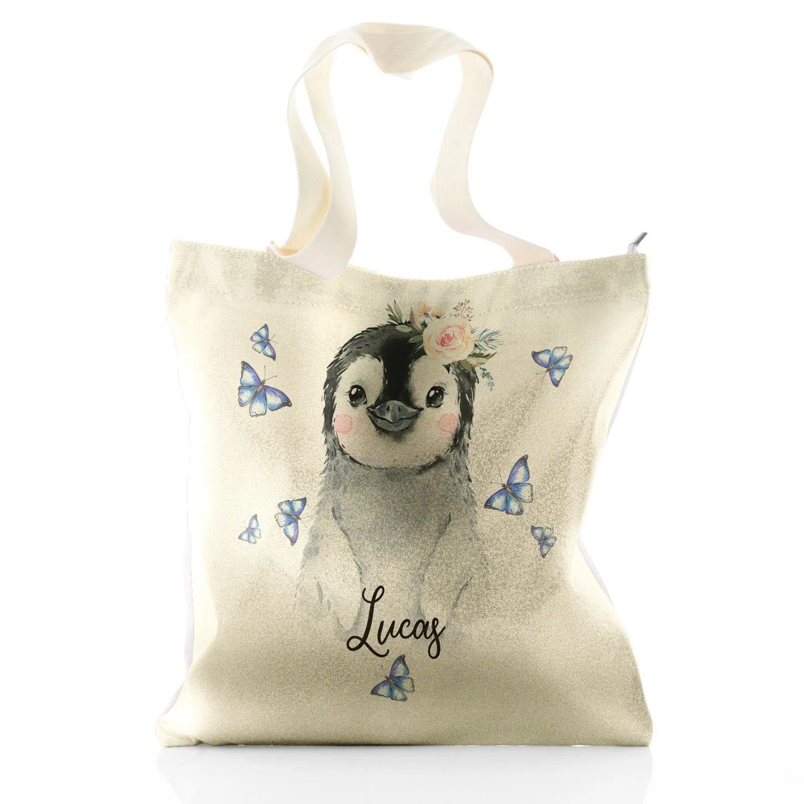 Personalised Glitter Tote Bag with Grey Penguin Blue Butterflies and Cute Text