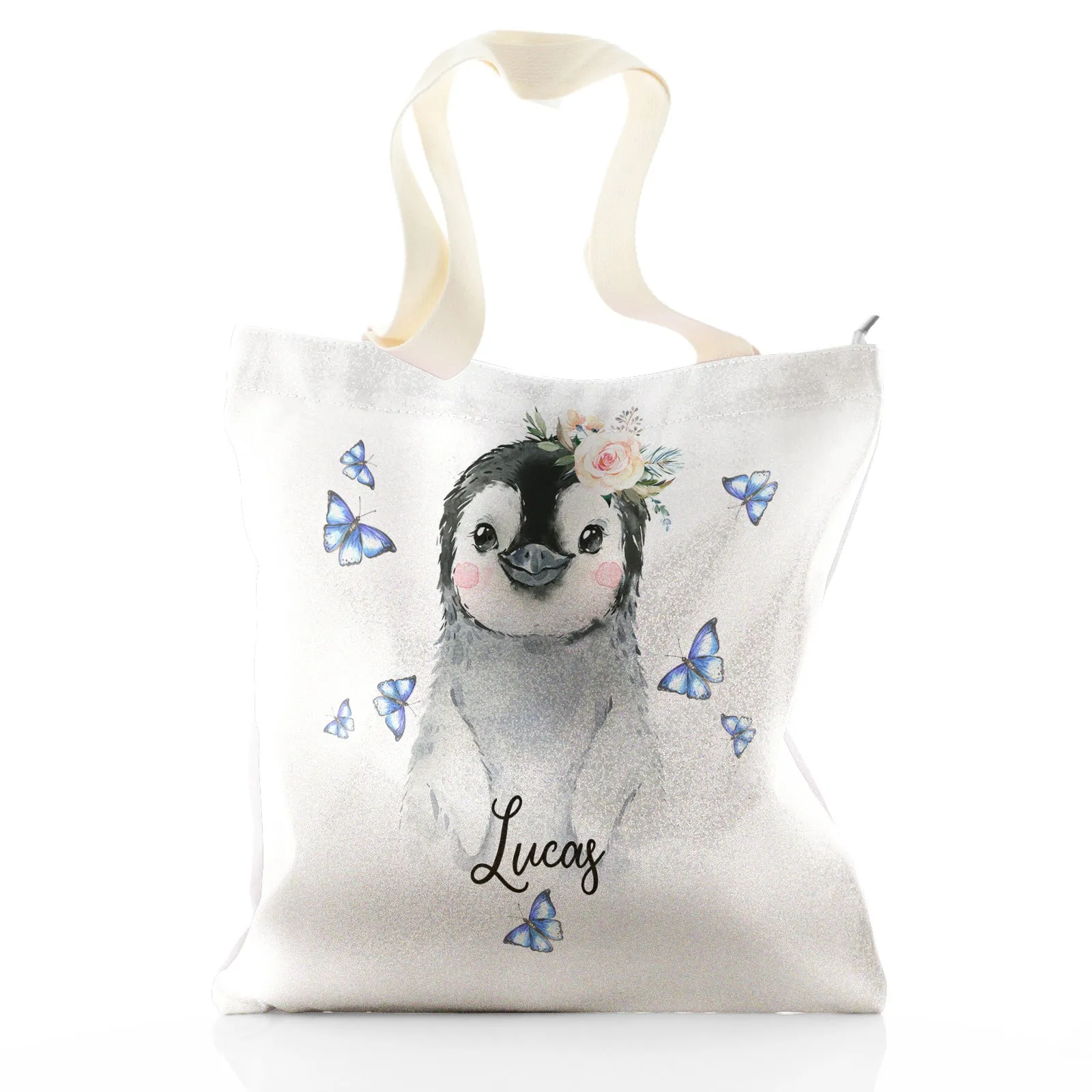 Personalised Glitter Tote Bag with Grey Penguin Blue Butterflies and Cute Text