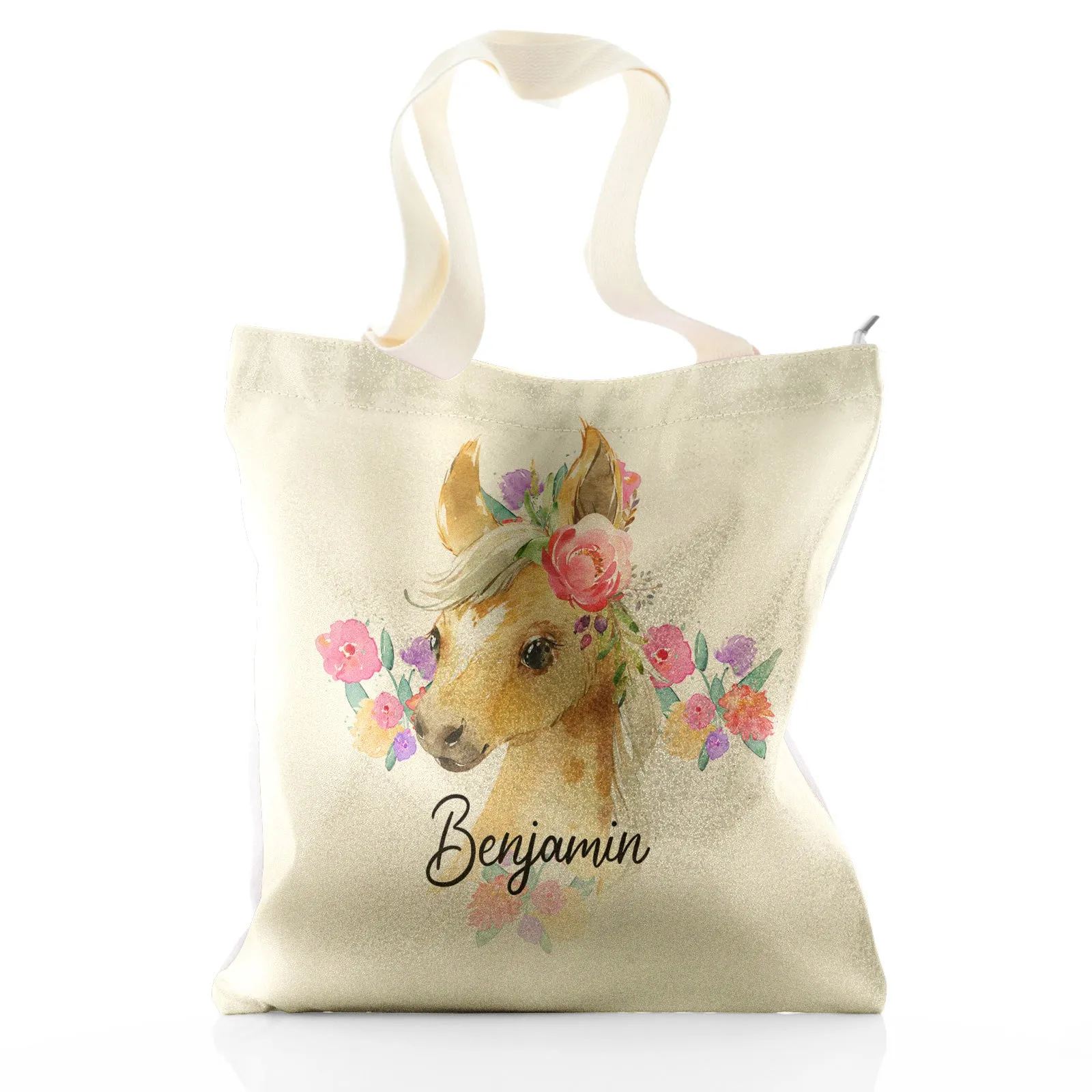 Personalised Glitter Tote Bag with Palomino Horse Multicolour Flower Print and Cute Text