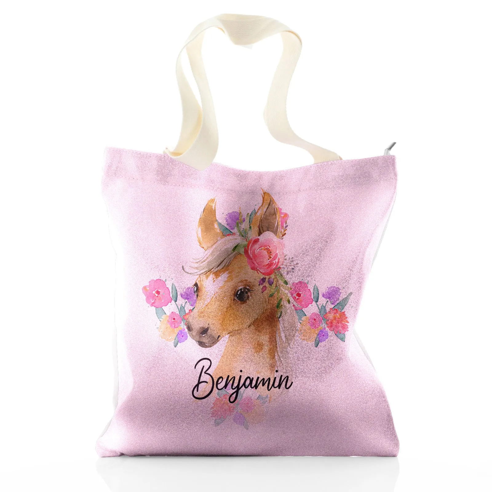 Personalised Glitter Tote Bag with Palomino Horse Multicolour Flower Print and Cute Text