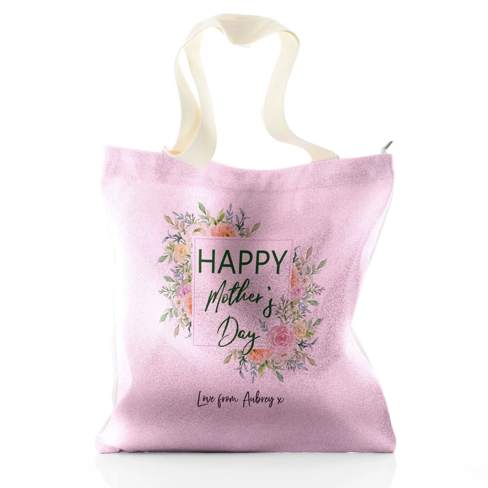 Personalised Glitter Tote Bag with Stylish Text and Floral Mother’s Day Message