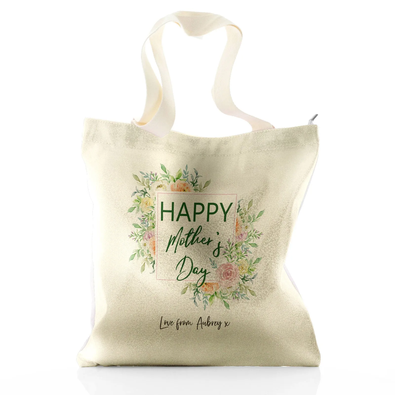 Personalised Glitter Tote Bag with Stylish Text and Floral Mother’s Day Message