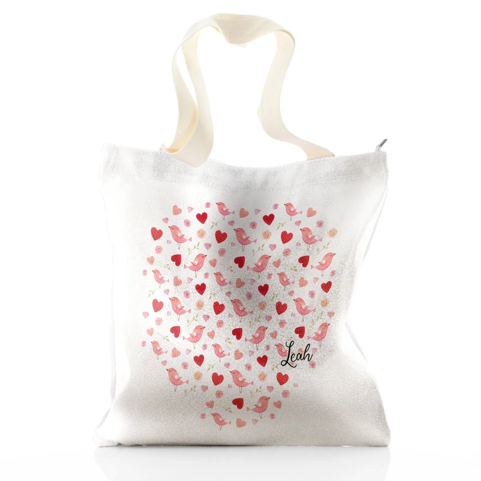 Personalised Glitter Tote Bag with Stylish Text and Love Heart Birds Print