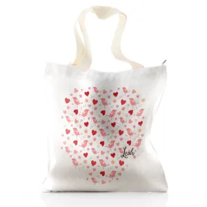 Personalised Glitter Tote Bag with Stylish Text and Love Heart Birds Print