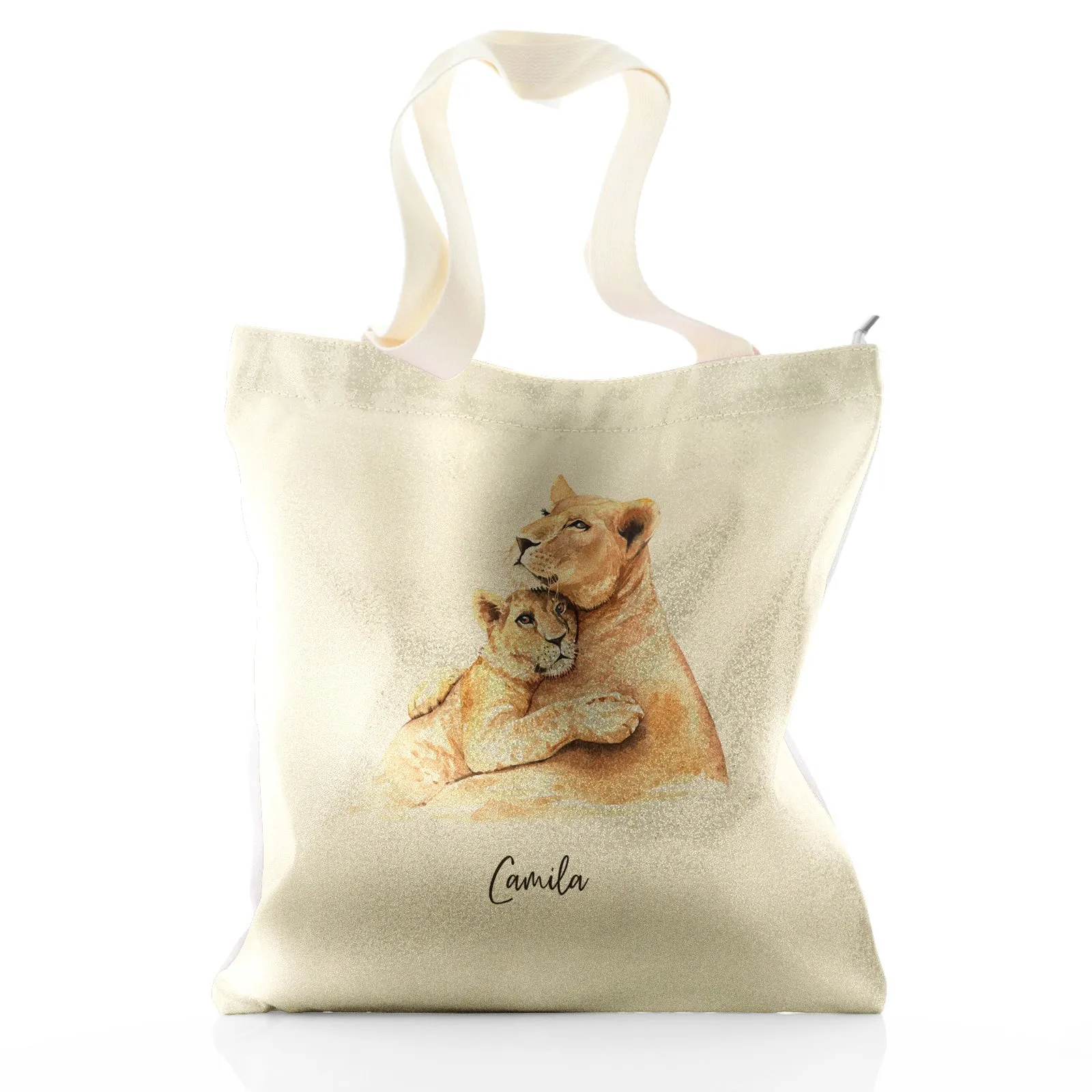 Personalised Glitter Tote Bag with Welcoming Text and Embracing Mum and Baby Lions