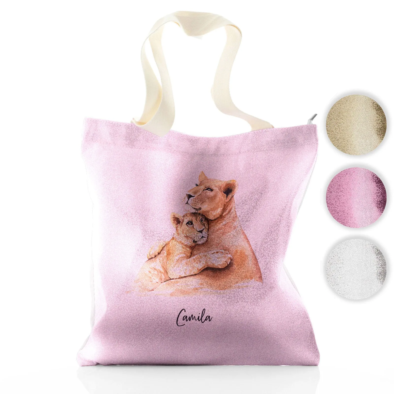 Personalised Glitter Tote Bag with Welcoming Text and Embracing Mum and Baby Lions