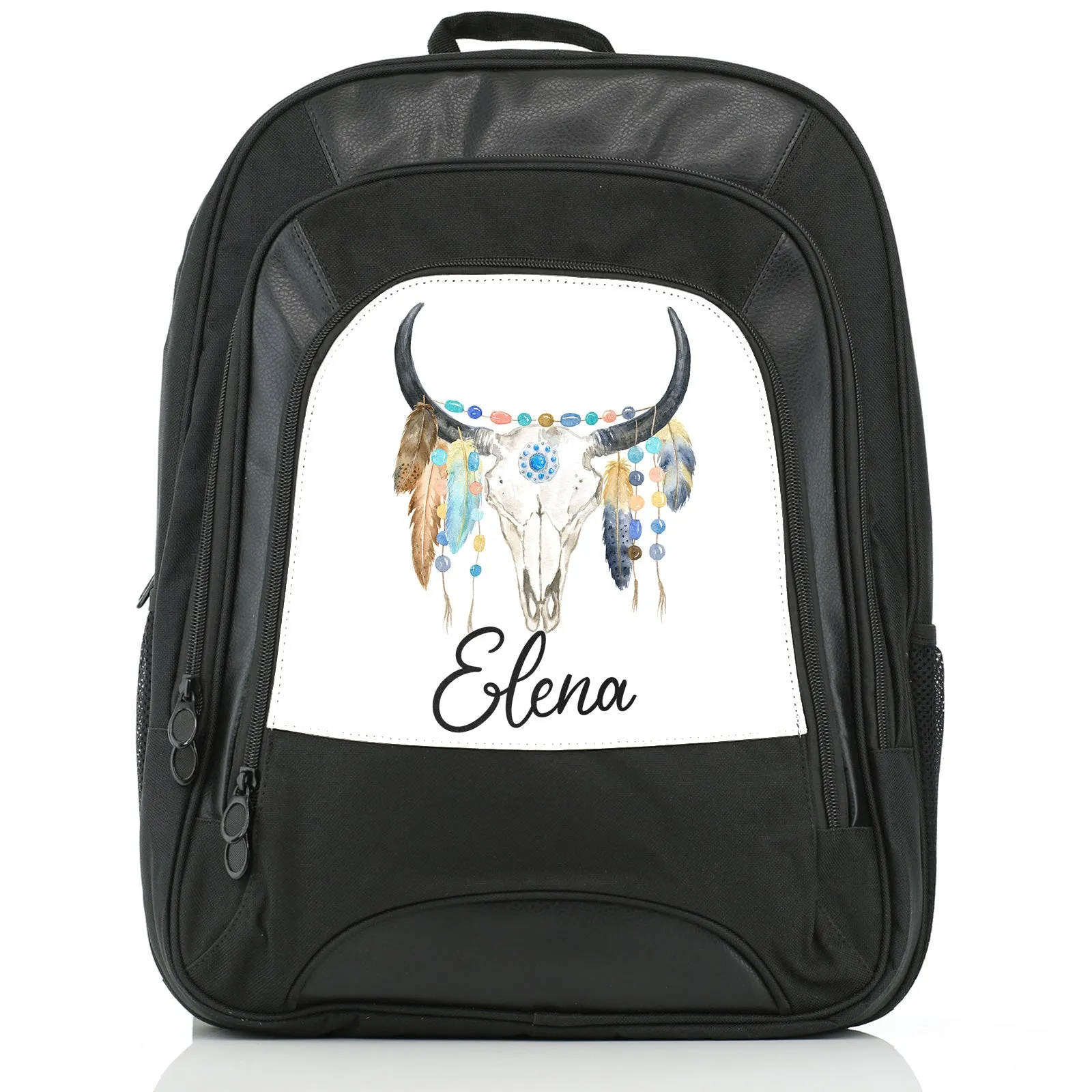 Personalised Rucksack with Cow Skull Feathers and Cute Text