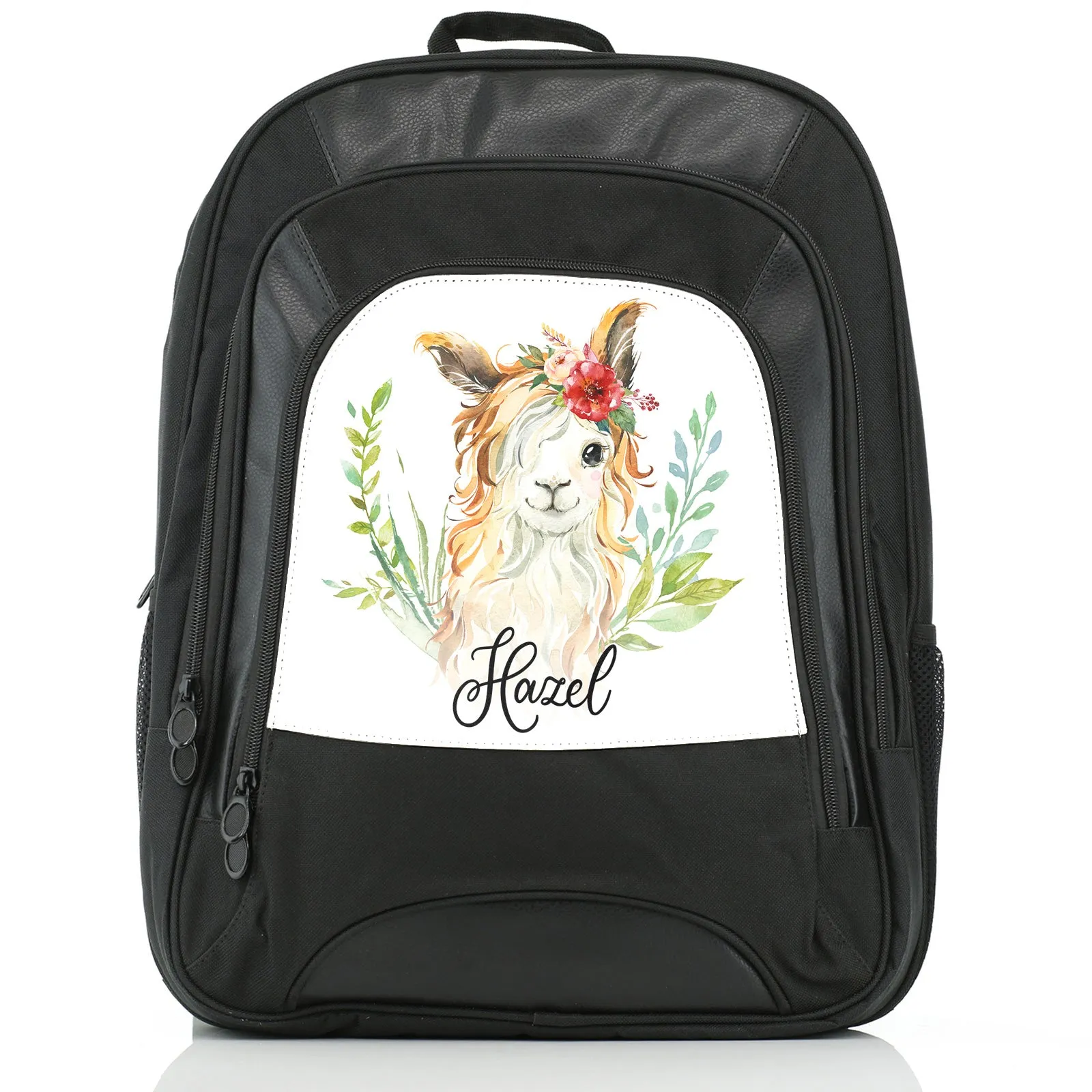 Personalised Rucksack with White Goat with Red Flower Hair and Cute Text