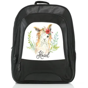 Personalised Rucksack with White Goat with Red Flower Hair and Cute Text