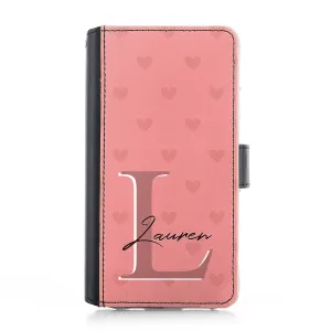 Personalised Samsung Leather Case - Rose Pink Heart Monogram and Name