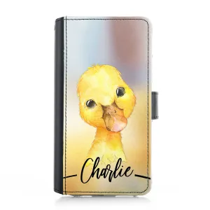 Personalised Samsung Leather Case - Yellow Duckling and Name