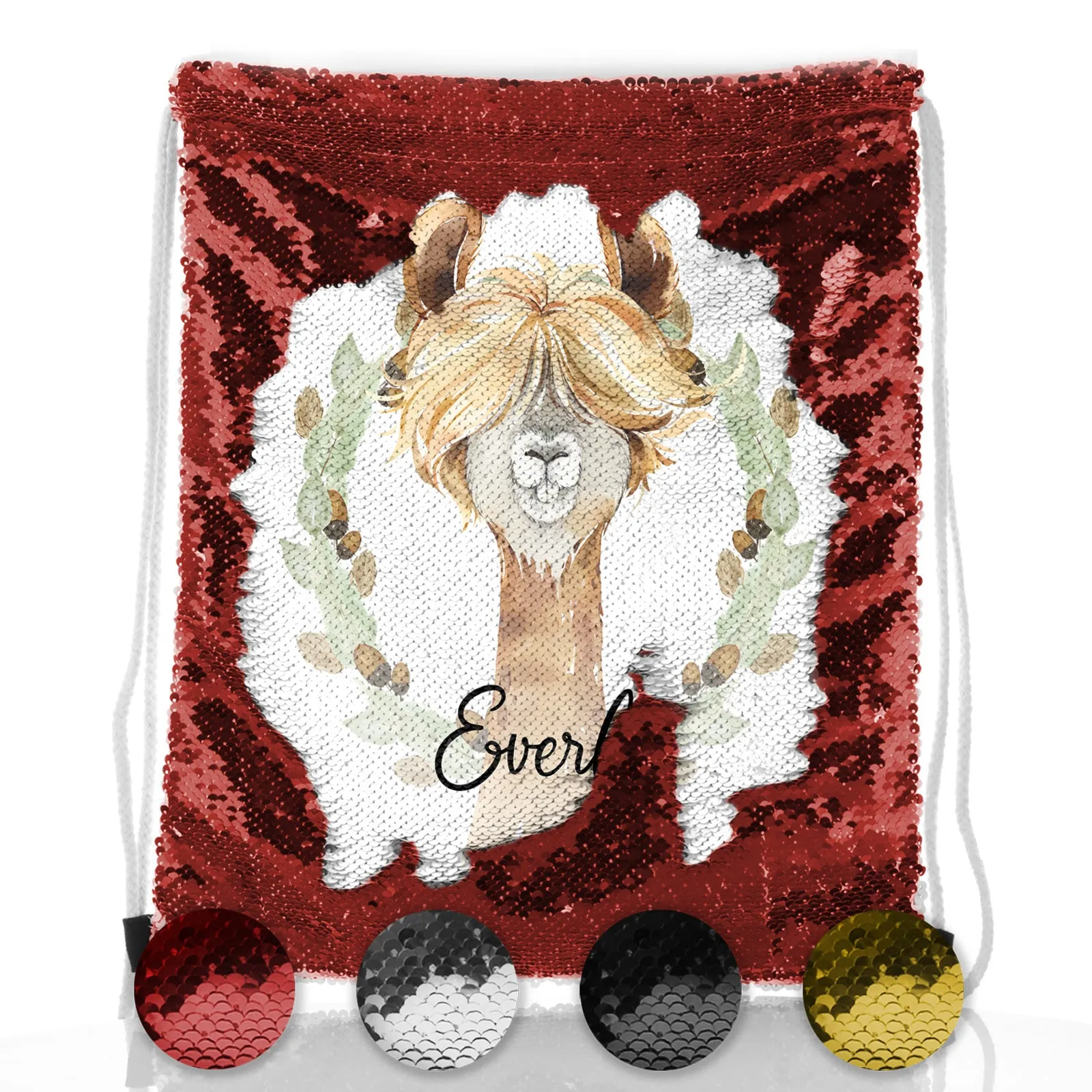 Personalised Sequin Drawstring Backpack with Brown Alpaca Acorn Wreath and Cute Text