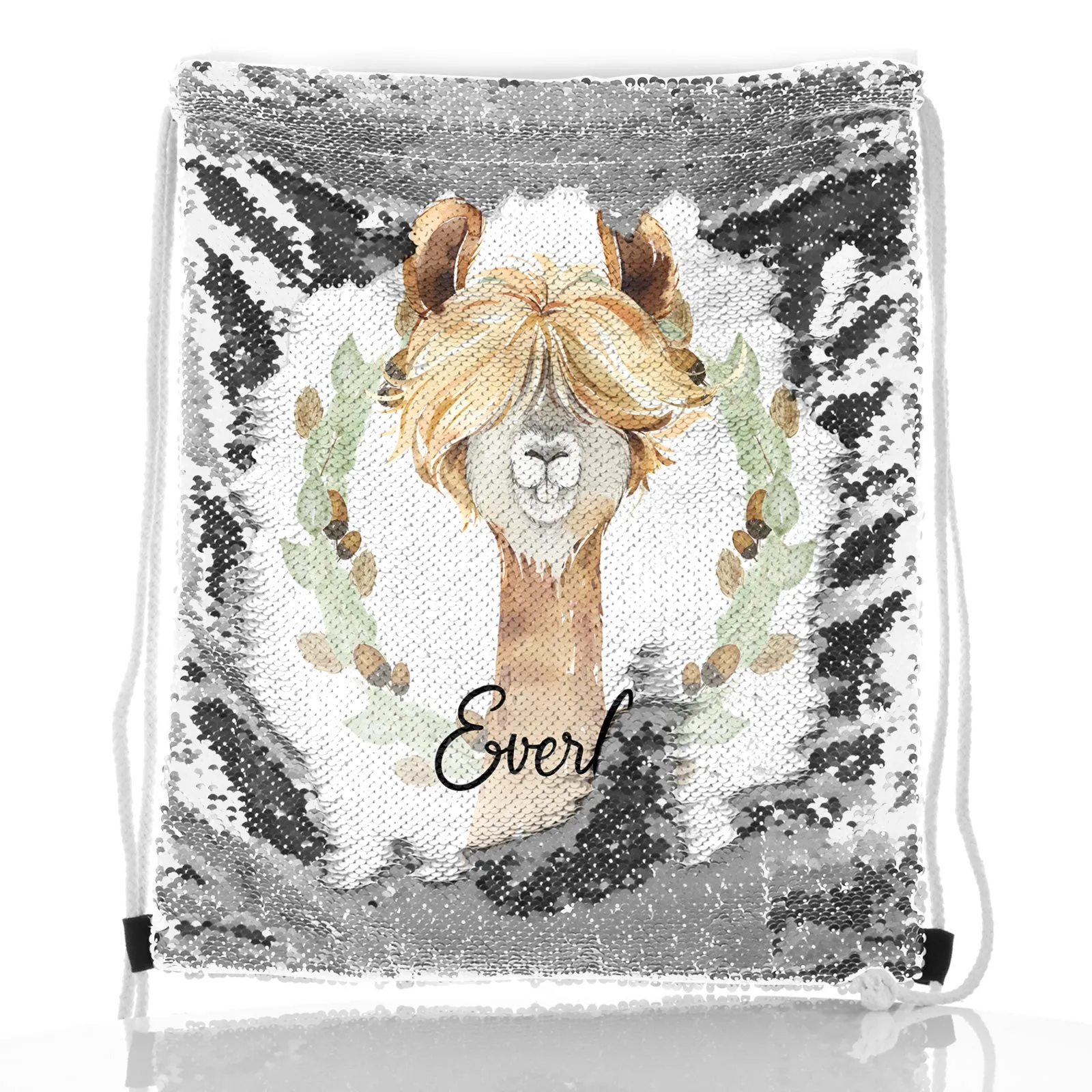 Personalised Sequin Drawstring Backpack with Brown Alpaca Acorn Wreath and Cute Text