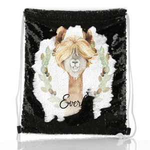 Personalised Sequin Drawstring Backpack with Brown Alpaca Acorn Wreath and Cute Text