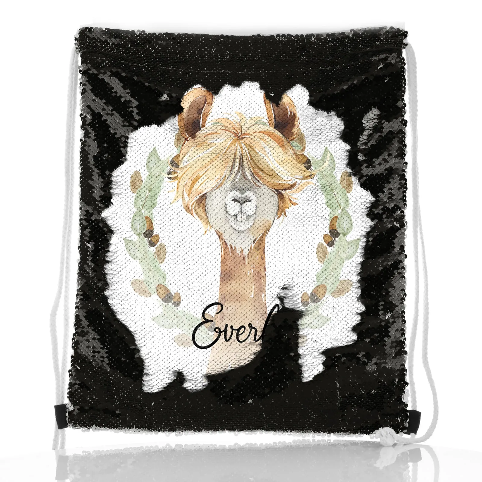 Personalised Sequin Drawstring Backpack with Brown Alpaca Acorn Wreath and Cute Text