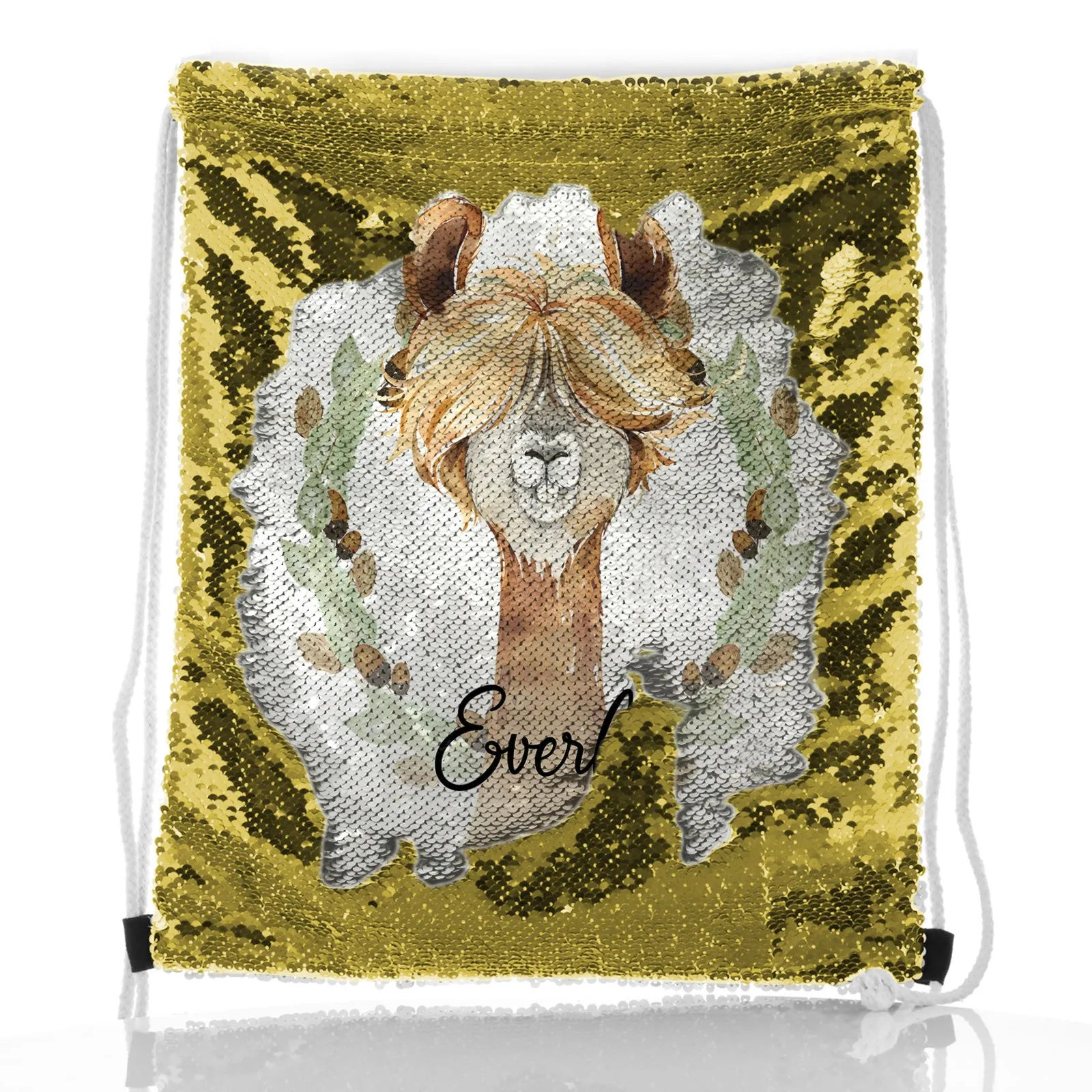 Personalised Sequin Drawstring Backpack with Brown Alpaca Acorn Wreath and Cute Text