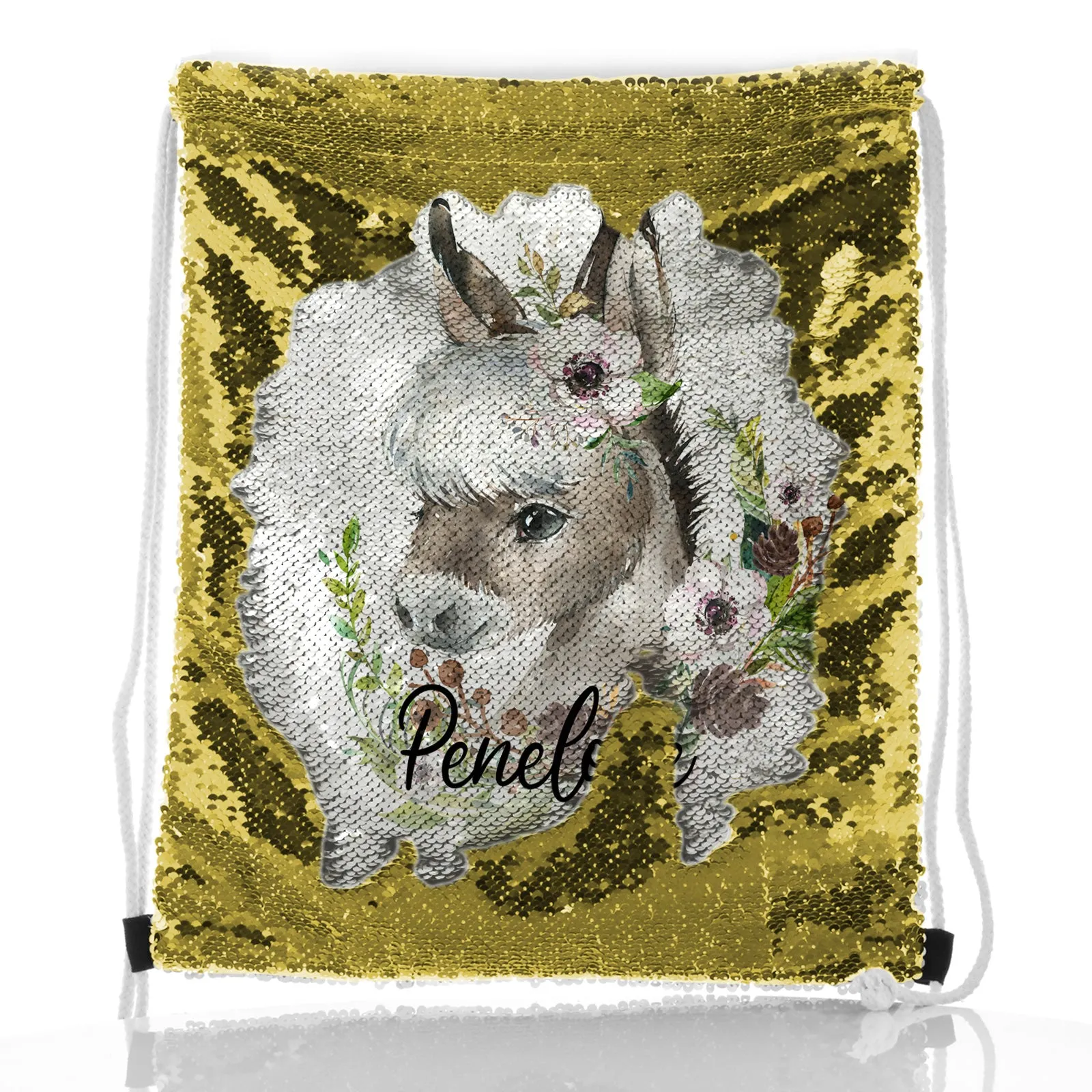 Personalised Sequin Drawstring Backpack with Grey Donkey Pink and White Flowers and Cute Text