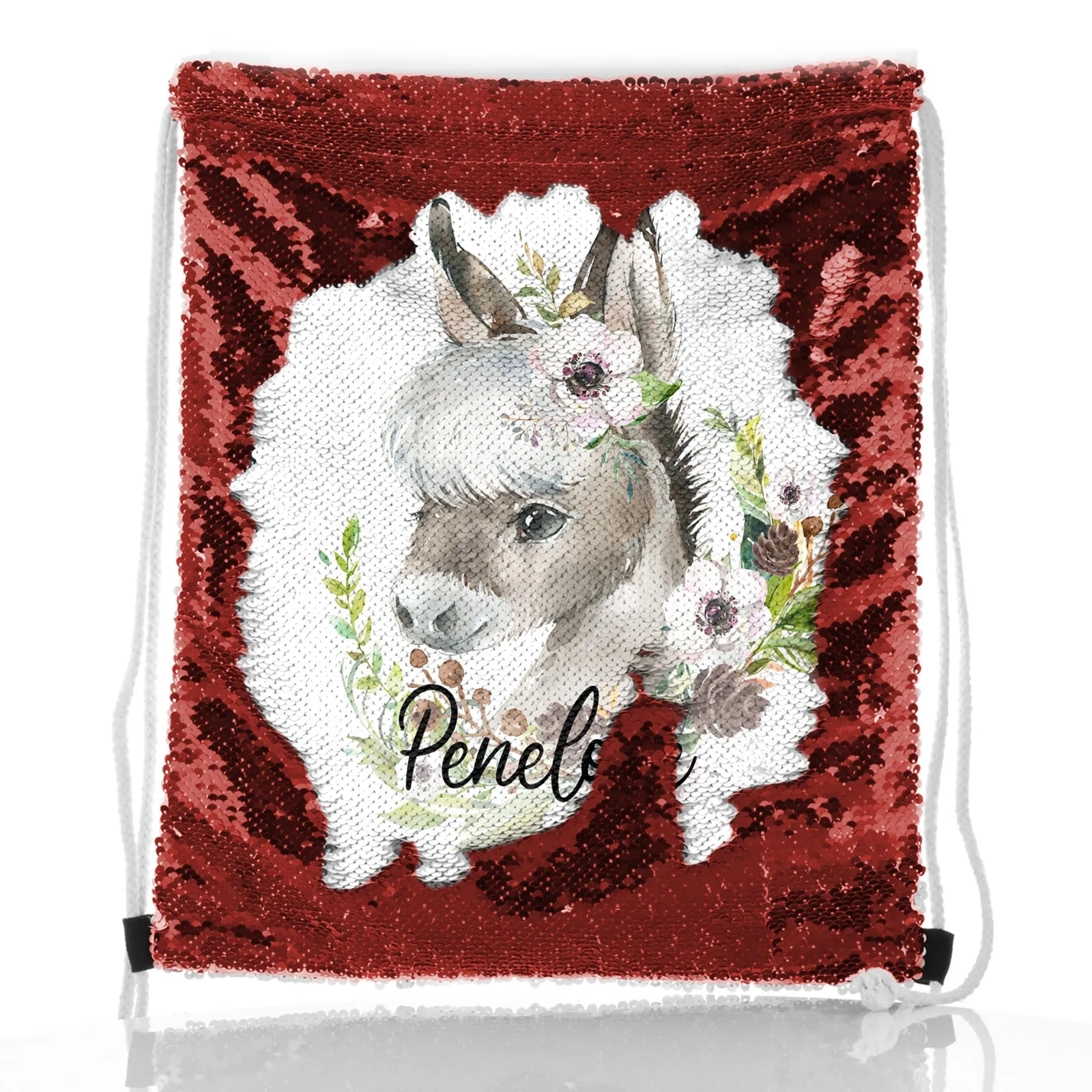 Personalised Sequin Drawstring Backpack with Grey Donkey Pink and White Flowers and Cute Text