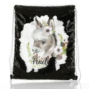 Personalised Sequin Drawstring Backpack with Grey Donkey Pink and White Flowers and Cute Text