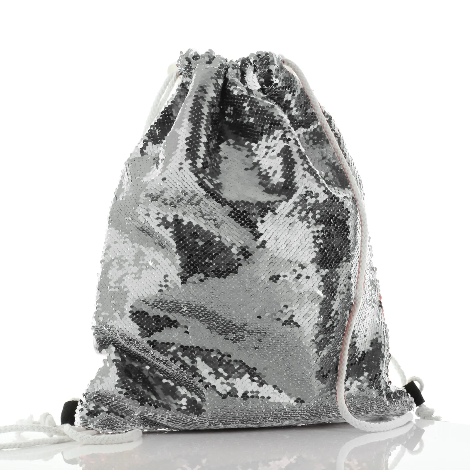Personalised Sequin Drawstring Backpack with Grey Donkey Pink and White Flowers and Cute Text