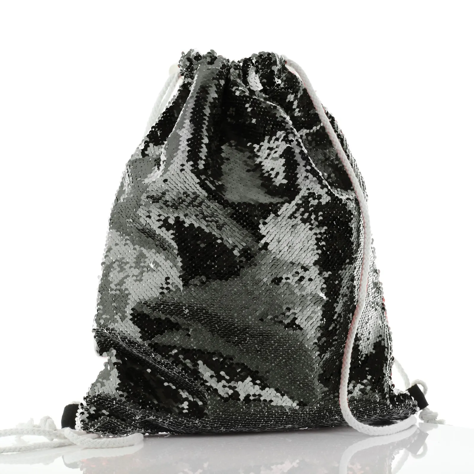 Personalised Sequin Drawstring Backpack with Grey Donkey Pink and White Flowers and Cute Text