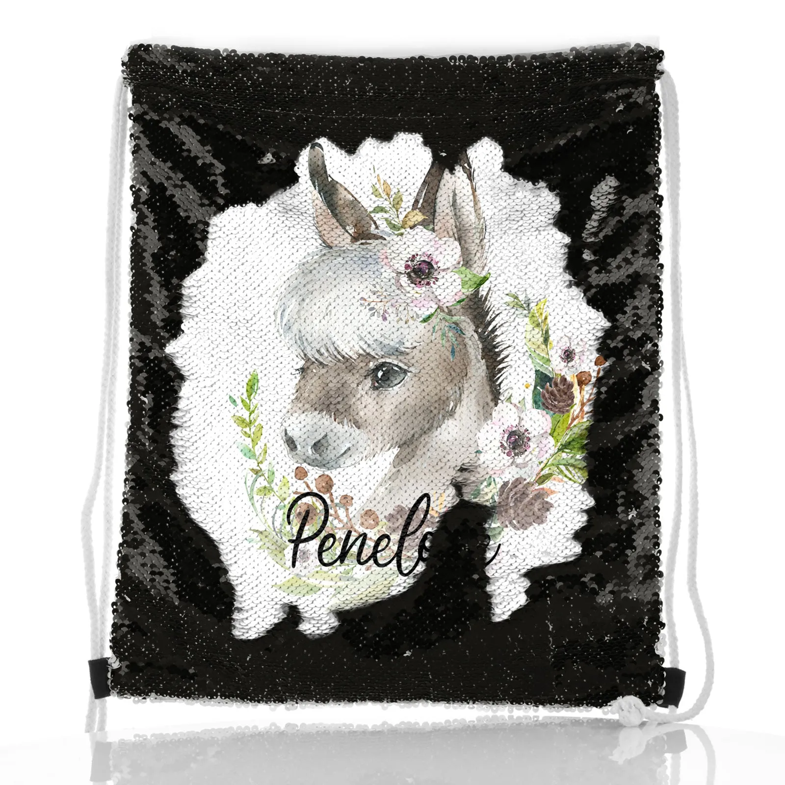 Personalised Sequin Drawstring Backpack with Grey Donkey Pink and White Flowers and Cute Text