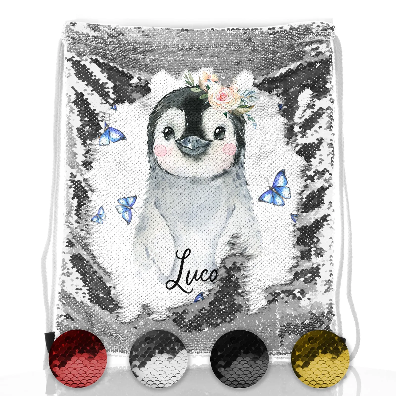 Personalised Sequin Drawstring Backpack with Grey Penguin Blue Butterflies and Cute Text