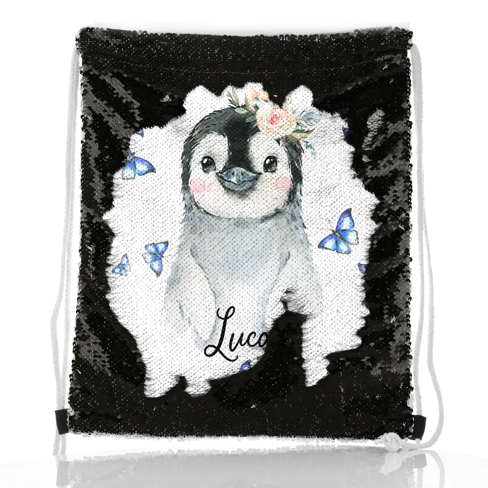 Personalised Sequin Drawstring Backpack with Grey Penguin Blue Butterflies and Cute Text
