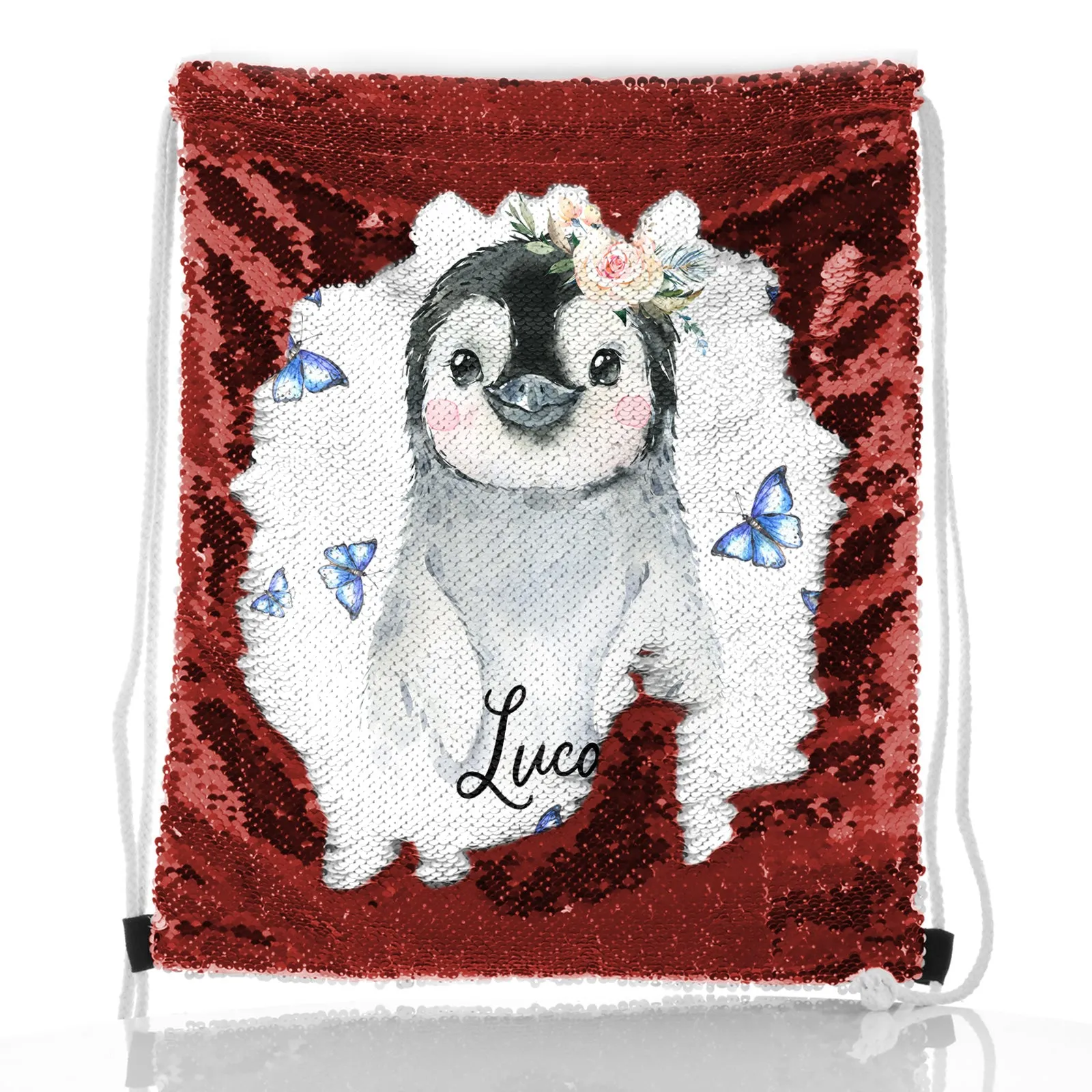 Personalised Sequin Drawstring Backpack with Grey Penguin Blue Butterflies and Cute Text