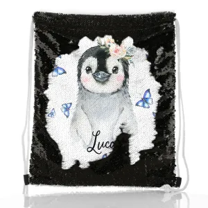 Personalised Sequin Drawstring Backpack with Grey Penguin Blue Butterflies and Cute Text